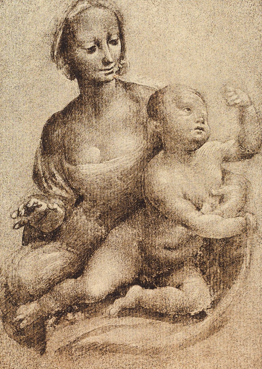 マドンナとチャイルド、レオナルドダヴィンチが描いた。内閣描画と版画、ウフィツィ美術館、フィレンツェ 作： レオナルド・ダ・ヴィンチ