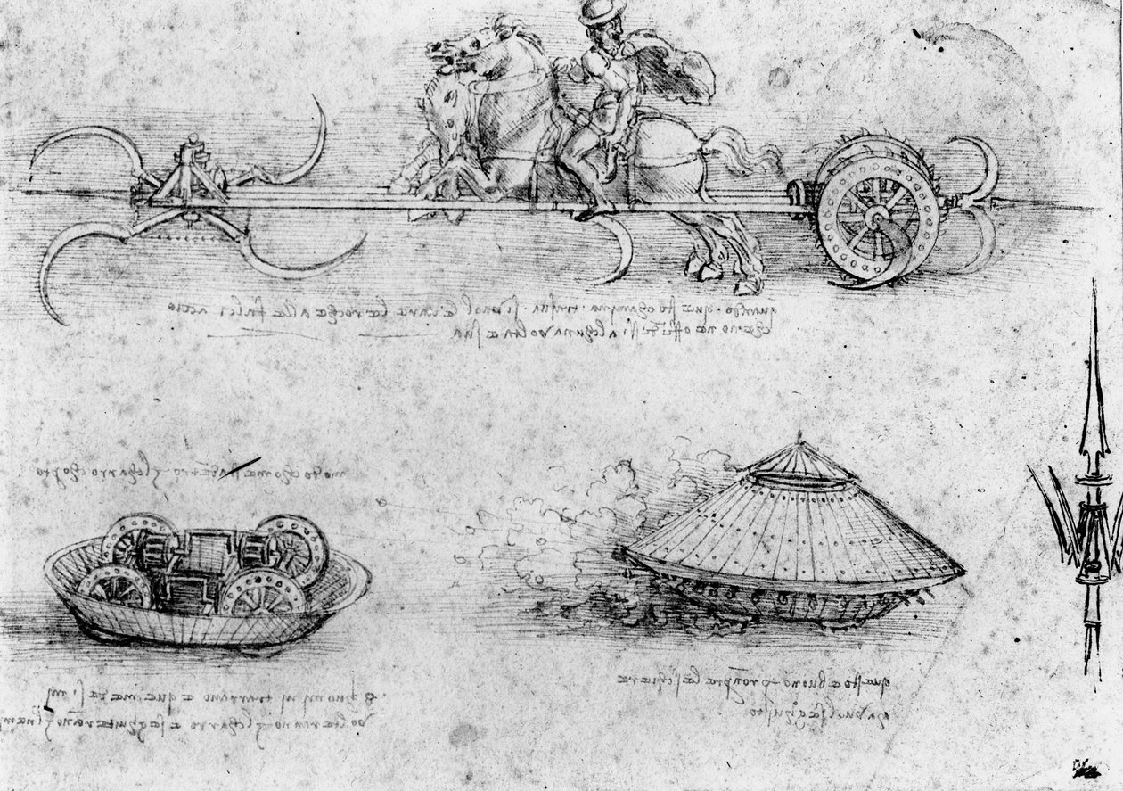 軍の戦車のような機械の研究;上部に1頭を含み、回転する鎌で馬を仕掛けた馬を連れて、c.1485（ペンとインクと紙に茶色のウォッシュ） 作： レオナルド・ダ・ヴィンチ