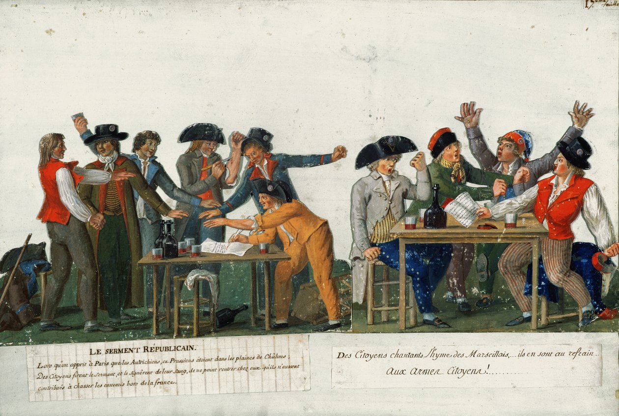 共和党の誓いが血で署名され、「マルセイエーズ」を歌っています。1792年頃 作： レスール兄弟