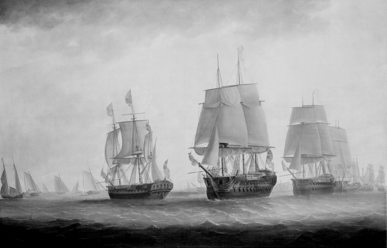1789年8月18日、プリマス沖の艦隊をレビューするHMSサウサンプトンのジョージIII 作： ウィリアム・エリオット中Li