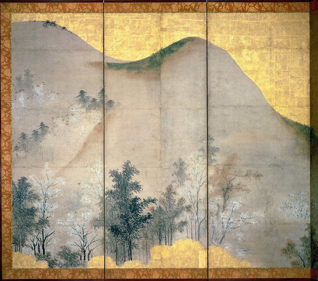 春の風景（ペンとインク、色、パネル上の金の紙）（216557を参照） 作： りんくうく