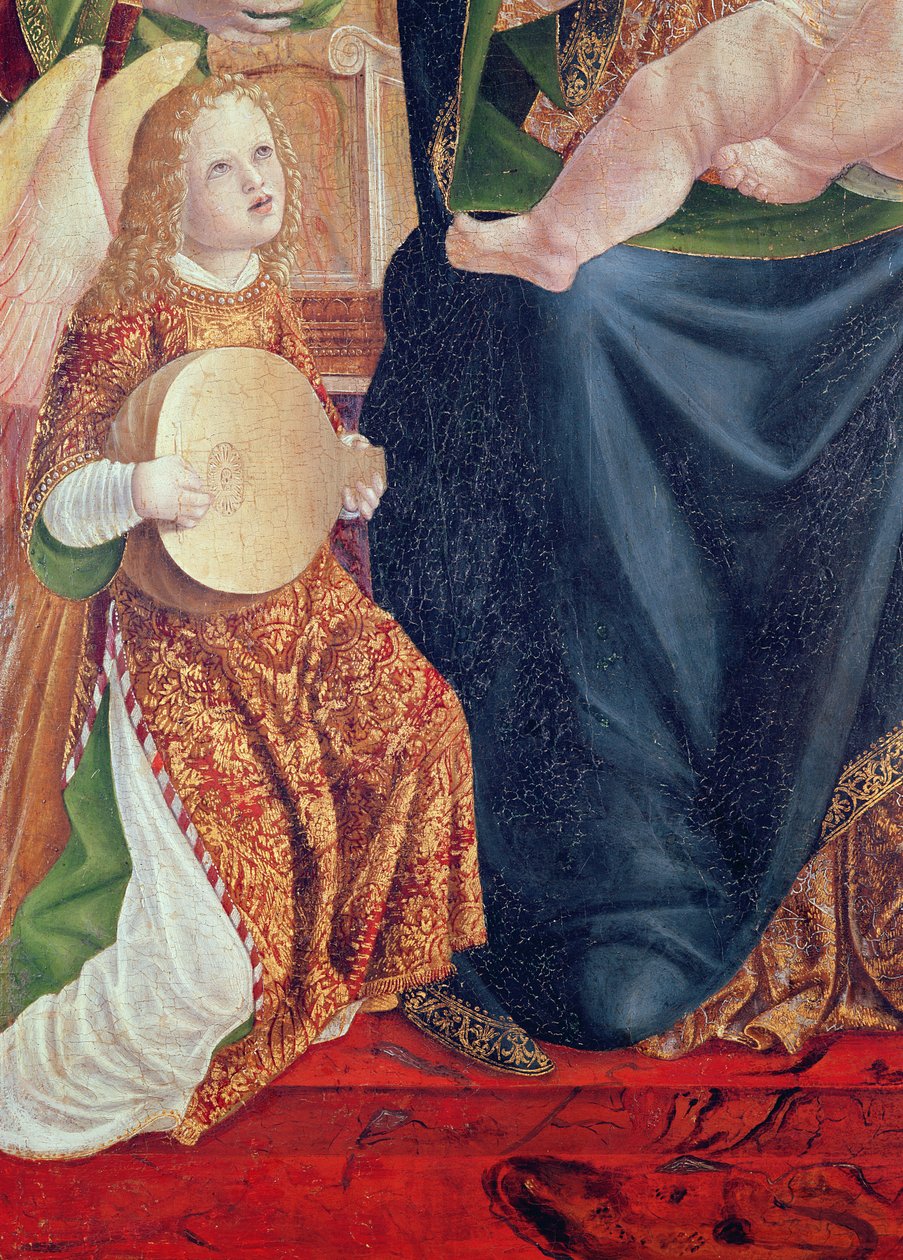 マドンナと子供と天使のミュージシャン、リュートを弾く天使の詳細、c.1490-1500（パネル上のテンペラ） 作： ロンバードスクール
