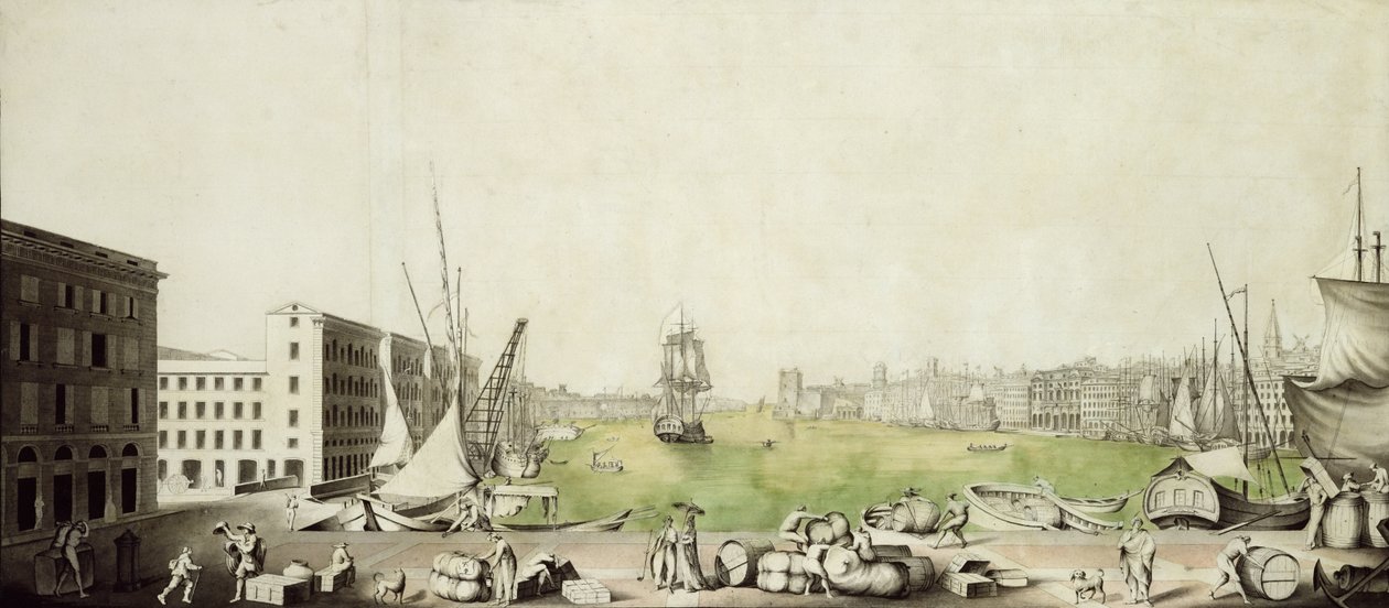 マルセイユの港、1811年（紙、ペン、インク、トイレ） 作： ルイ・アンプー