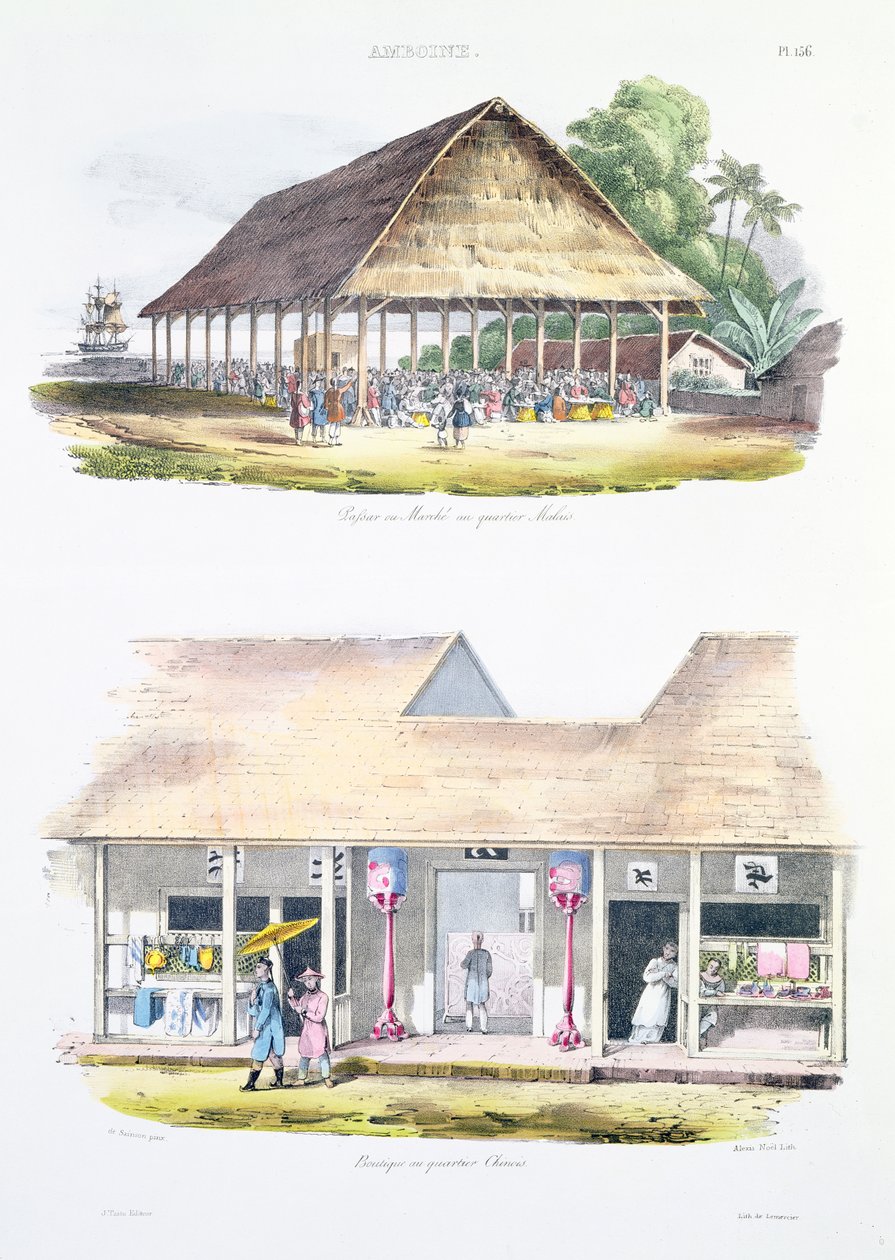 アレクシスニコラスノエル（1792〜1871年）によって彫刻された「アストロラベの航海」からのマレーシア地区のバザールまたは市場、および中国地区のショップ 作： ルイ・オーギュスト・ド・サンソン