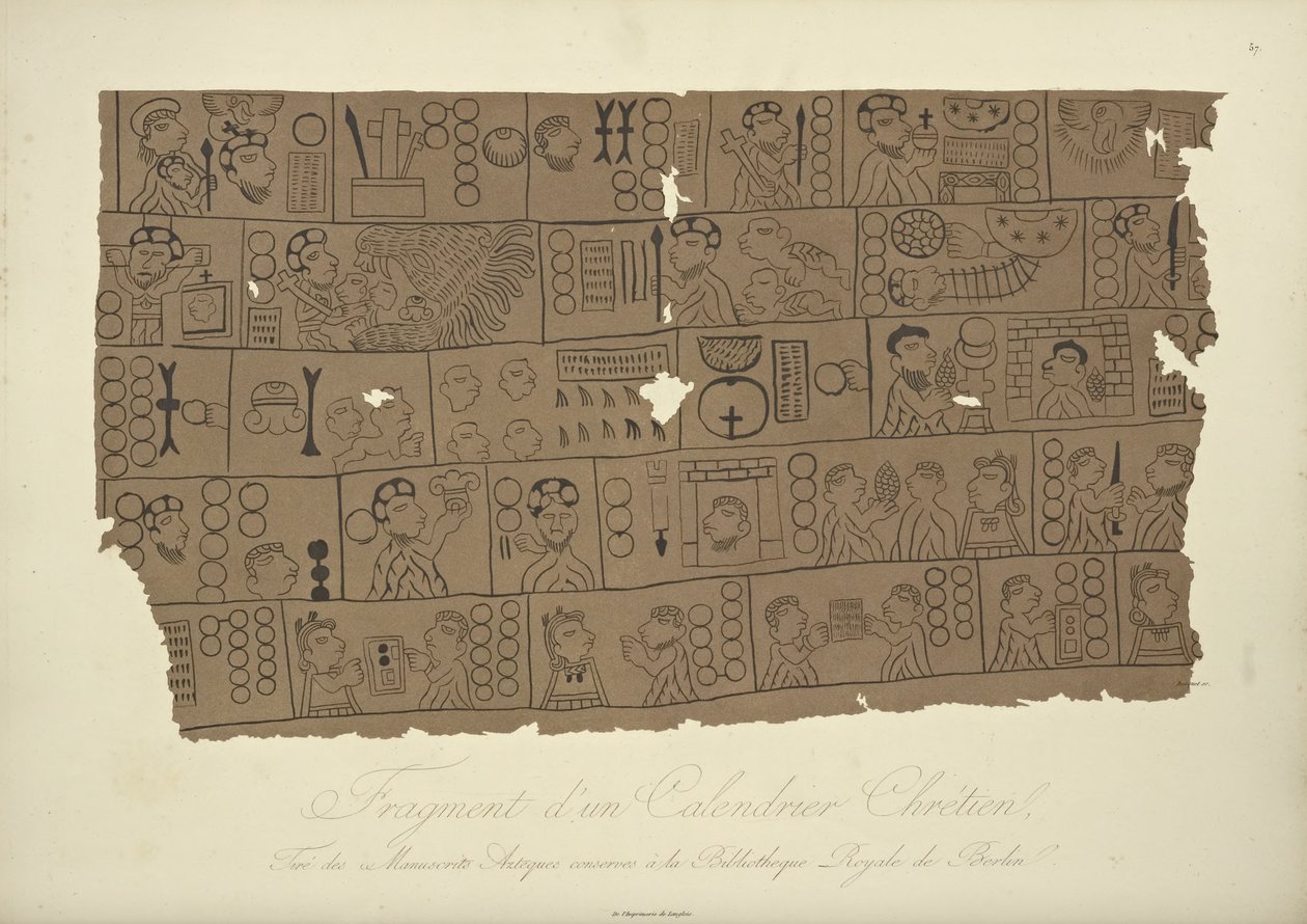ベルリン州立図書館のアステカ写本から描かれたキリスト教暦の断片、アレクサンドルフォンフムによるコルディジェラの眺めとアメリカ先住民の記念碑のイラスト 作： ルイブーケ