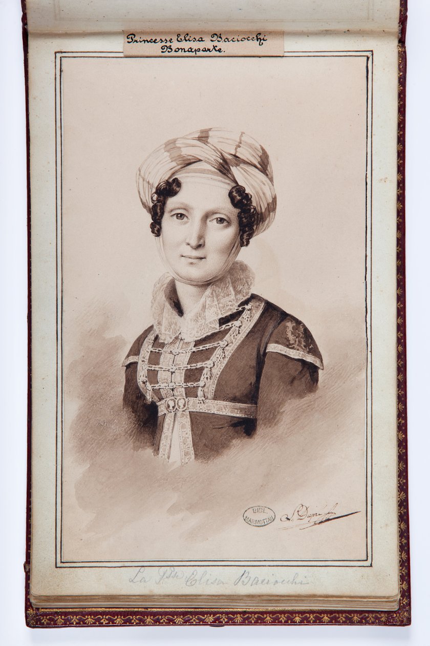 Elisa Bonaparteの肖像画、Baciocchi王女、Elisa Bonaparteの小アルバムからのイラスト、c.1820（紙の上にペンとインクで洗う） 作： ルイ・デュプレ