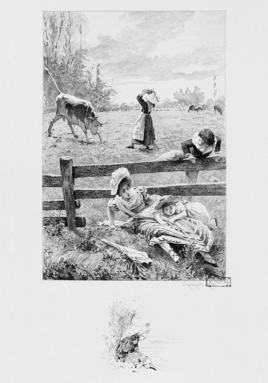 使用人フェリサイトと雄牛、ギュスターヴフローベール（1821-80）による「Un coeur simple」のイラスト、1894年発行、ユージーンアンドレシャンポリオン（1848-1901）によって刻印パリ、リブレア編集者A. 作： ルイ・エミール・アダン