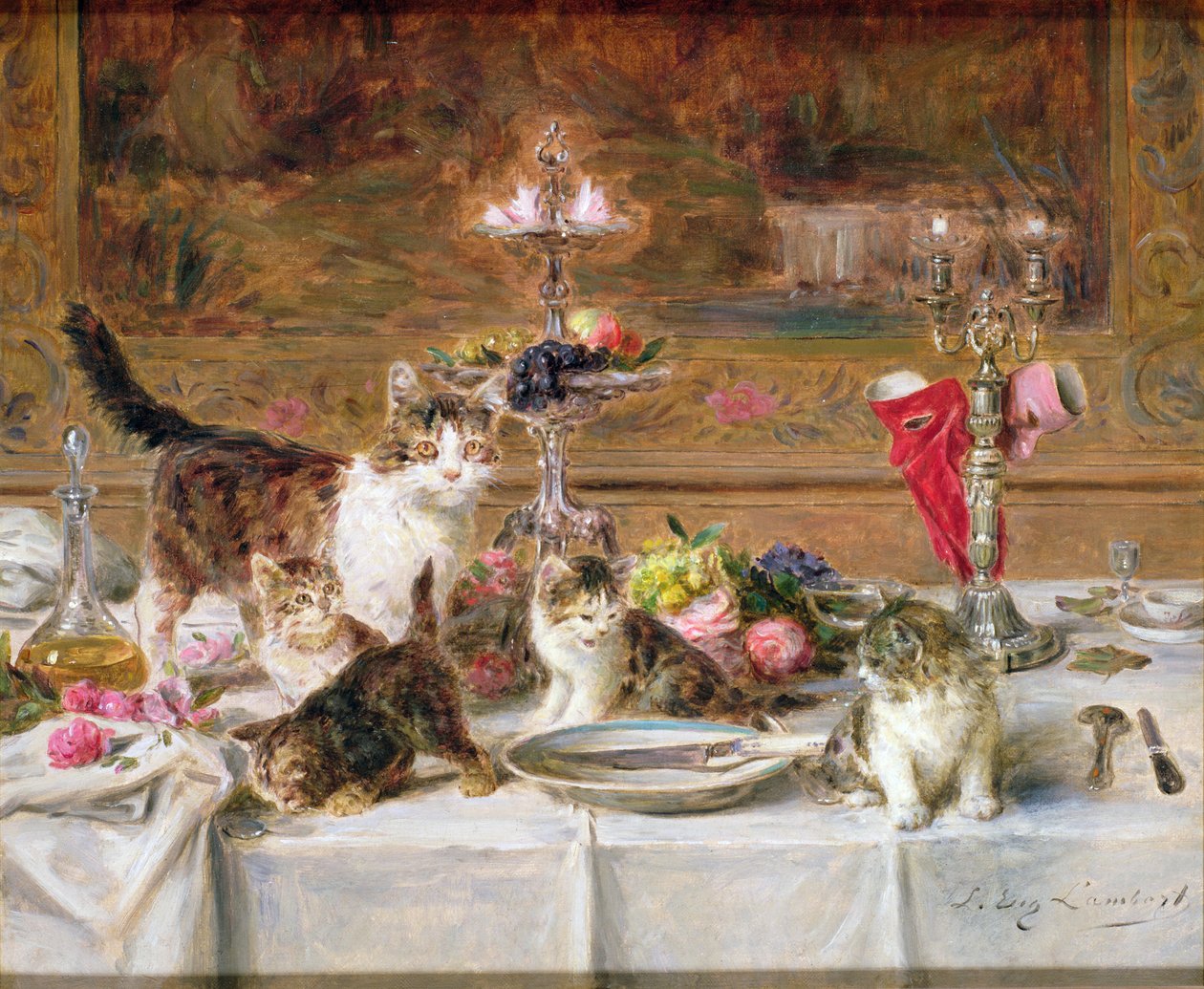 19世紀の宴会で子猫 作： ルイ・ユージン・ランバート