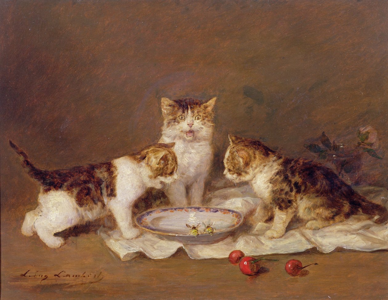 3匹の猫、赤いサクランボ、ミツバチ 作： ルイ・ユージン・ランバート
