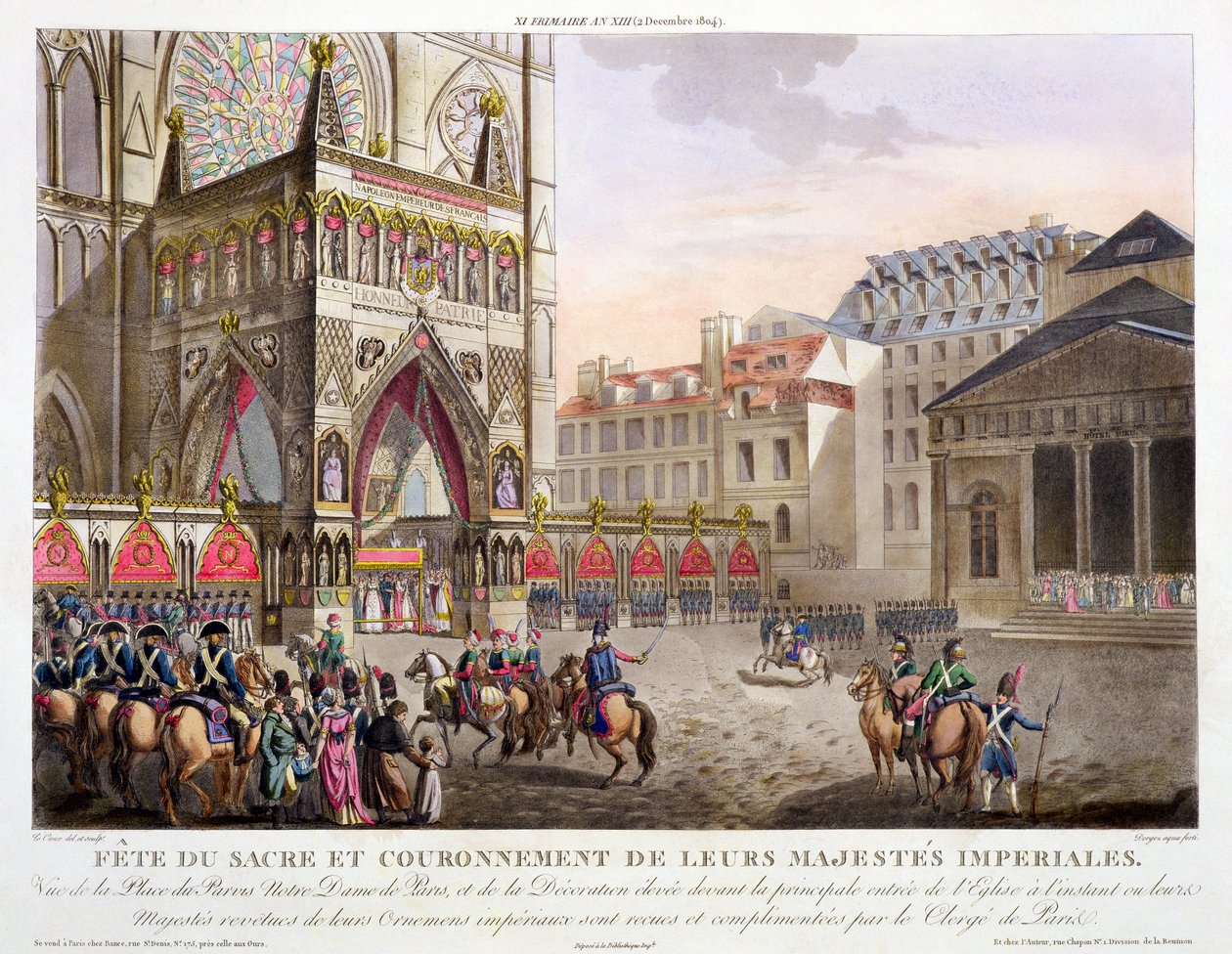 1806年に出版されたドルジェ（fl.1780-1814）によって刻まれた聖フェスティバルと皇室の戴冠式、パルヴィスノートルダム広場の眺め（手彩色彫刻） 作： ルイ・ル・クール