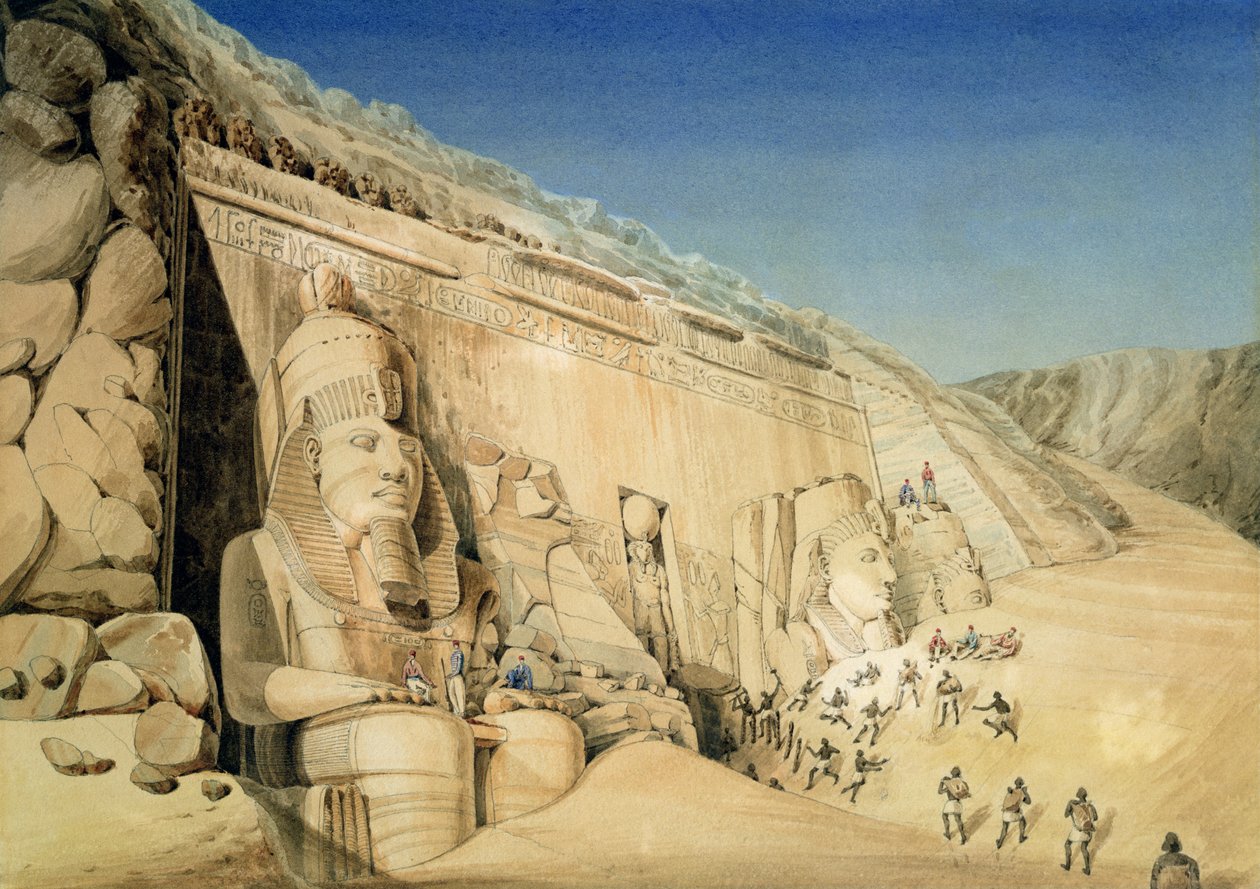 ラムセス2世の偉大な神殿の発掘、アブシンベル（紙のトイレ） 作： Louis MA Linant de Bellefonds