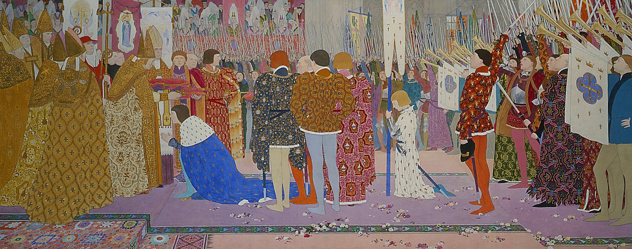 ジョーンオブアークシリーズE、1907年からドーフィンのランスでの王冠（キャンバス上の油彩と金箔） 作： ルイ・モーリス・ブーテ・ド・モンヴェル