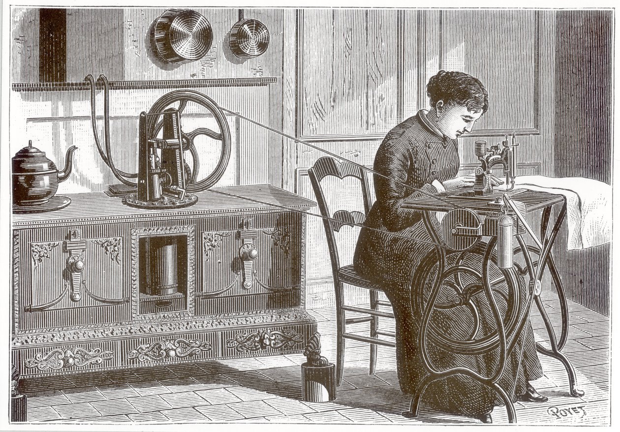 1883年に出版された「La Nature」のミシンに動力を供給するために使用されている、キッチンストーブで加熱されたDaussinの蒸気モーター 作： ルイ・ポエト