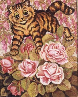 薔薇の茂みに隠れる子猫 作： ルイス・ウェイン
