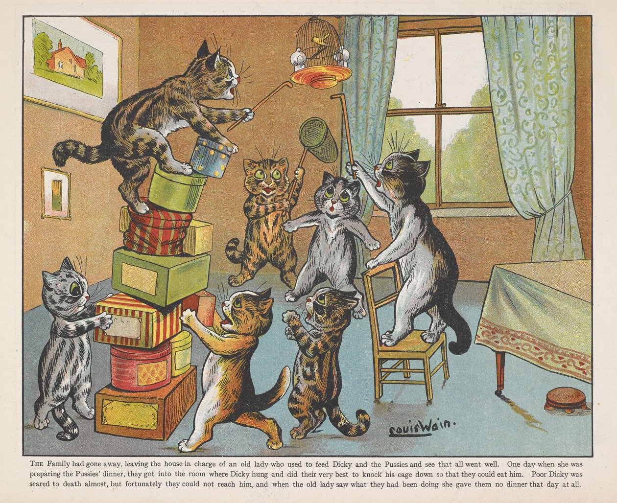 部屋の中で箱と戯れる猫たち。 作： ルイス・ウェイン