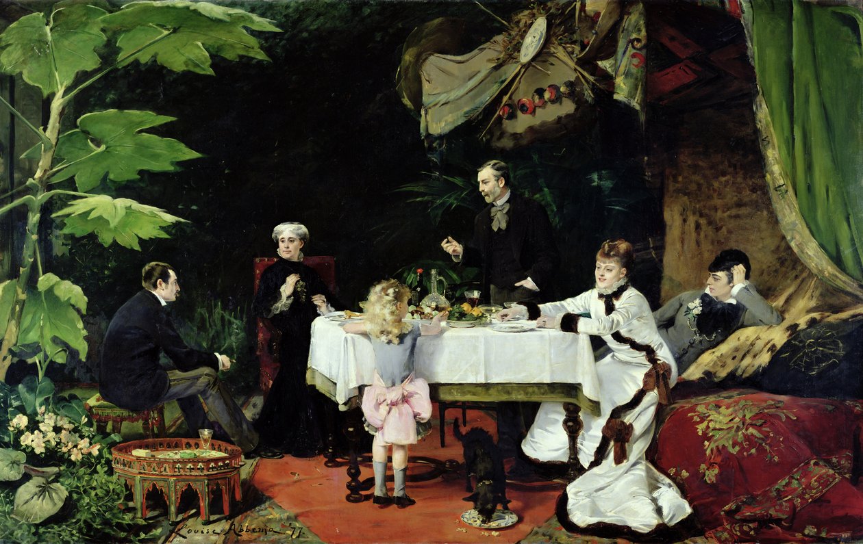 コンサバトリーでの昼食会、1877 作： ルイーズ・アベマ