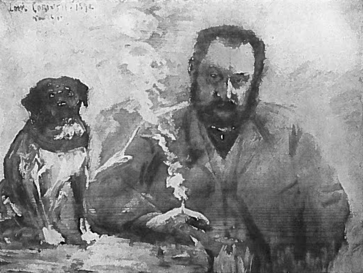 犬と一緒にテーブルで紳士 作： ロヴィス・コリント
