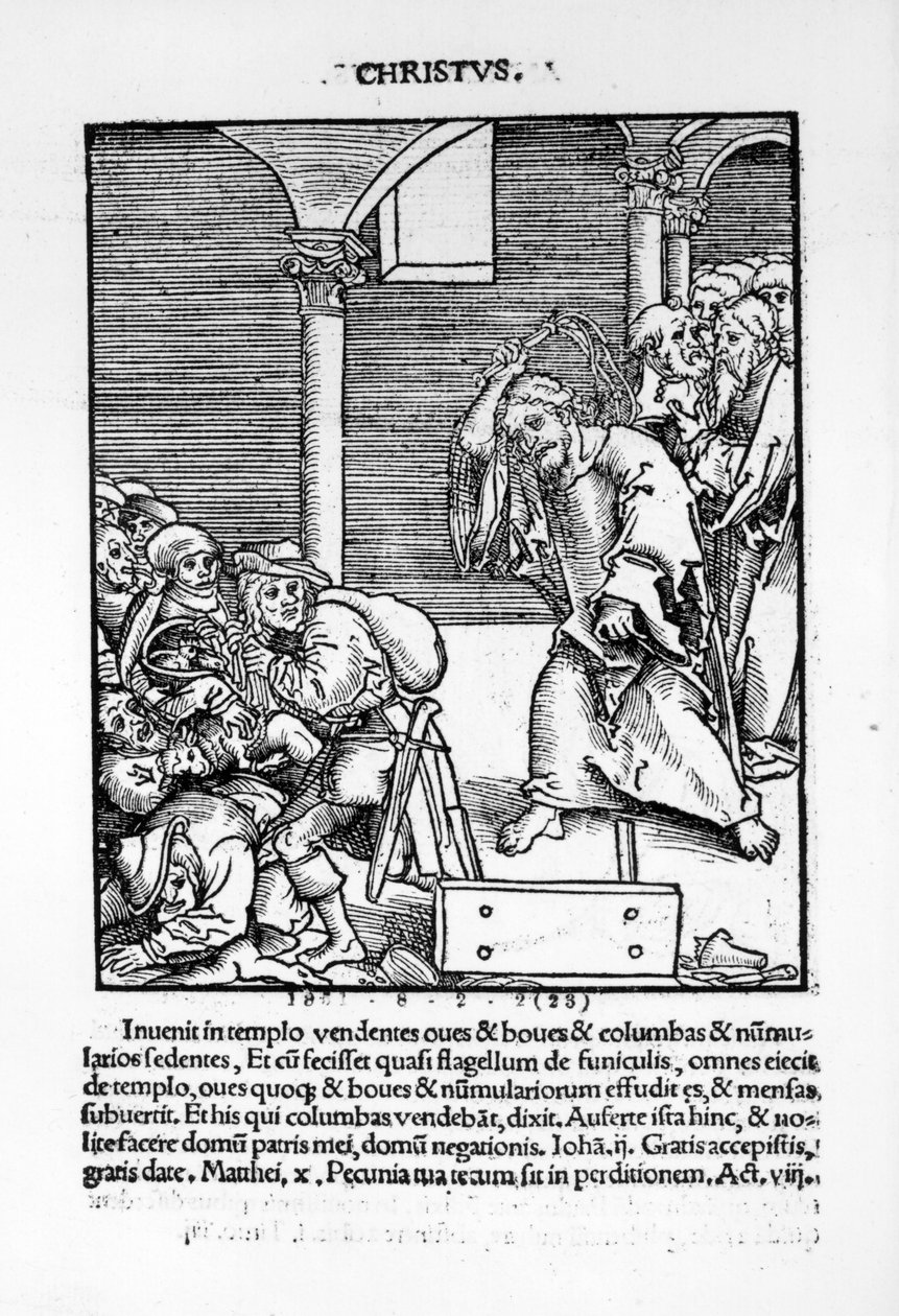 1521年に出版されたフィリップメランソンによる「パッシナルクリスティウントアンチクリスティ」のテンプルから商人と貸金業者を運転するキリスト 作： ルーカス・クラナッハ・ザ・エルダー