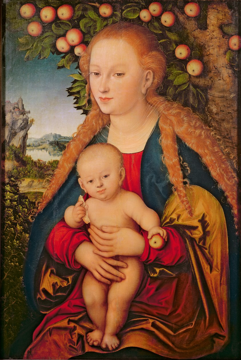 りんごの木の下の聖母子、1520-26（キャンバス上の油彩は、トロムアネルから移された））99：イエス・キリスト。赤ちゃん;ラップ;りんご;風景;バックグラウンド;象徴性;イブ;罪;シンボリック;幼児;ルール 作： ルーカス・クラナッハ・ザ・エルダー