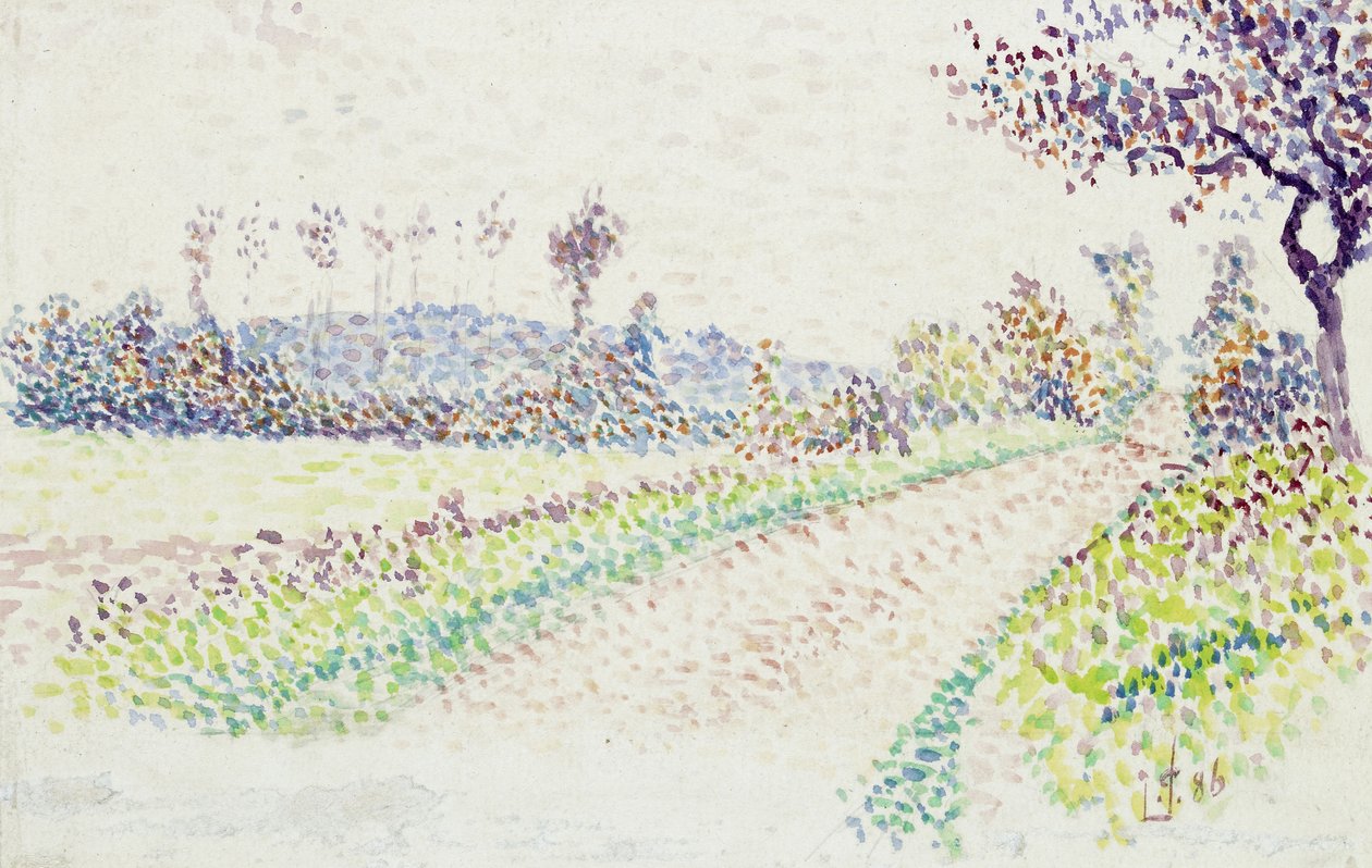 エラニー近くの道路、1886年（白い紙に黒鉛の上に水彩画） 作： ルシアン・ピサロ