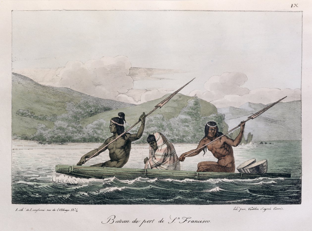 1822年に出版されたジャンピエールノルブリン（1745-1830）によって刻まれた、「ボヤージュピトレスクオートゥールデュモンド」のサンフランシスコ港からのボート 作： ルートヴィヒ・チョリス