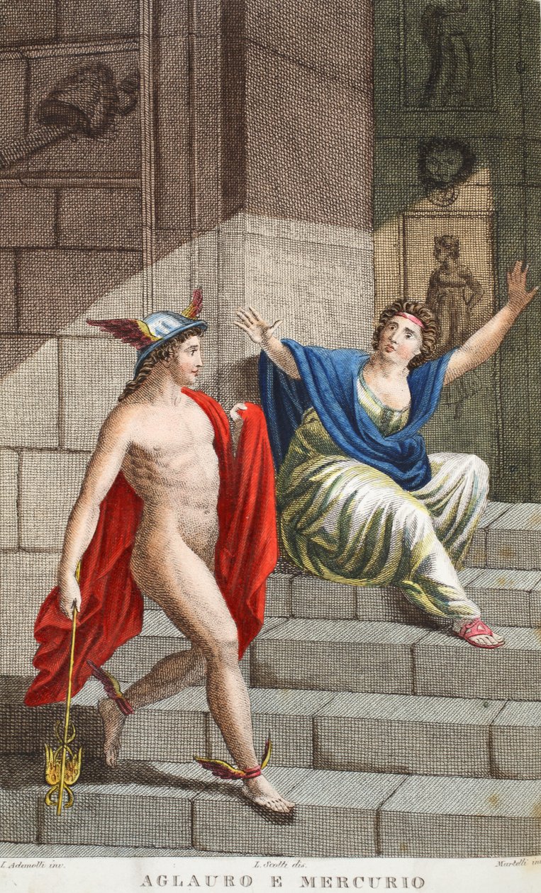 アグロロスとマーキュリーまたはアグラウロとメルクリオ、Ovid&39;s Metamorphosesのイラスト、フィレンツェ、1832年（手描きの彫刻） 作： ルイージアデモロ
