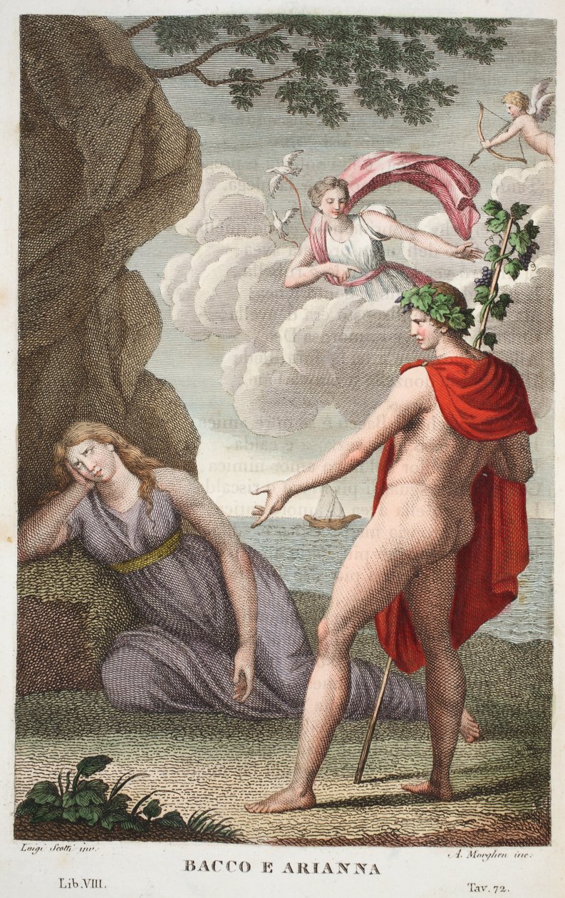 バッカスとアリアドネまたはバッコとアリアナ、第8巻、Ovid&39;s Metamorphosesのイラスト、フィレンツェ、1832年（手描きの彫刻） 作： ルイージアデモロ