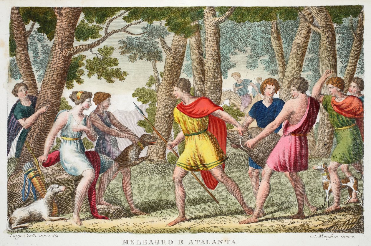 Meleager and Atlanta or Meleagro e Atalanta、Book VIII、illustration from Ovid&39;s Metamorphoses、Florence、1832（hand-coloured engraving） 作： ルイージアデモロ