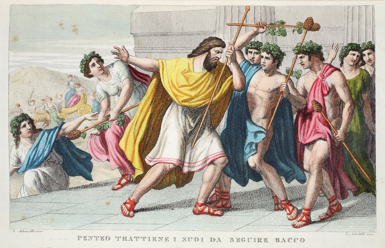 ペンテウスはバッカスの弟子またはペンテオトラッティーネを迫害しますI suoi da Seguire Bacco、Book III、illustration from Ovid&39;s Metamorphoses、Florence、1832（hand-coloured engraving） 作： ルイージアデモロ