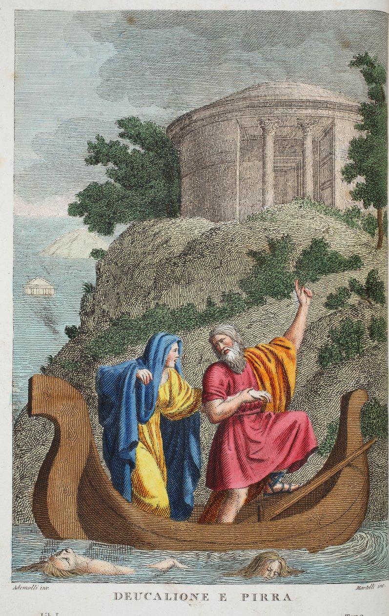 Pyrrha and Deucalion or Deucalione e Pirra、illustration from Ovid&39;s Metamorphoses、Florence、1832（hand-coloured engraving） 作： ルイージアデモロ