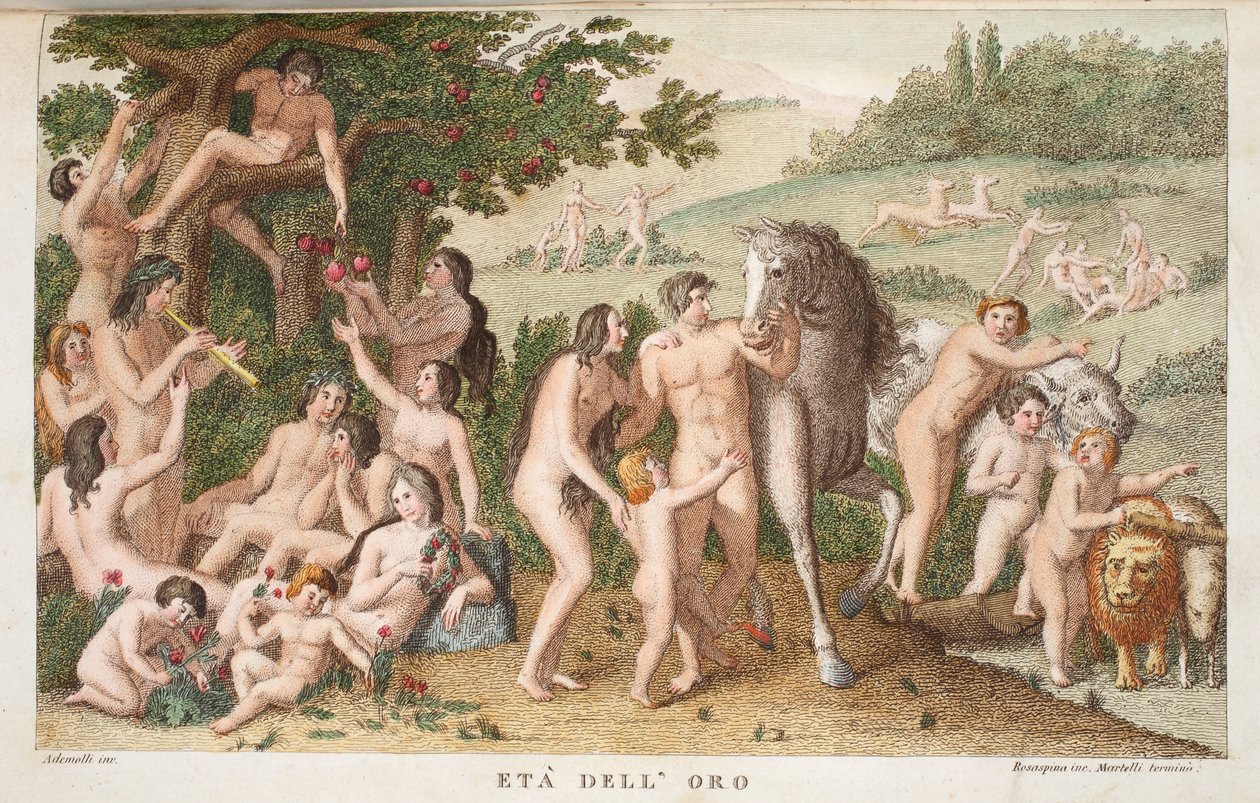 黄金時代またはエタ・デロロ、Ovid&39;s Metamorphoses、フィレンツェ、1832年のイラスト（手描きの彫刻） 作： ルイージアデモロ