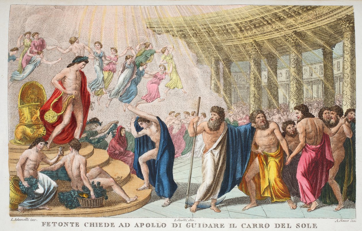 太陽の宮殿またはフェトンテがアポロに太陽の戦車、ガイドII、Ovid&39;s Metamorphoses、1832年（フィレンツェの手彩色の彫刻）からのイラストを導くように頼む 作： ルイージアデモロ