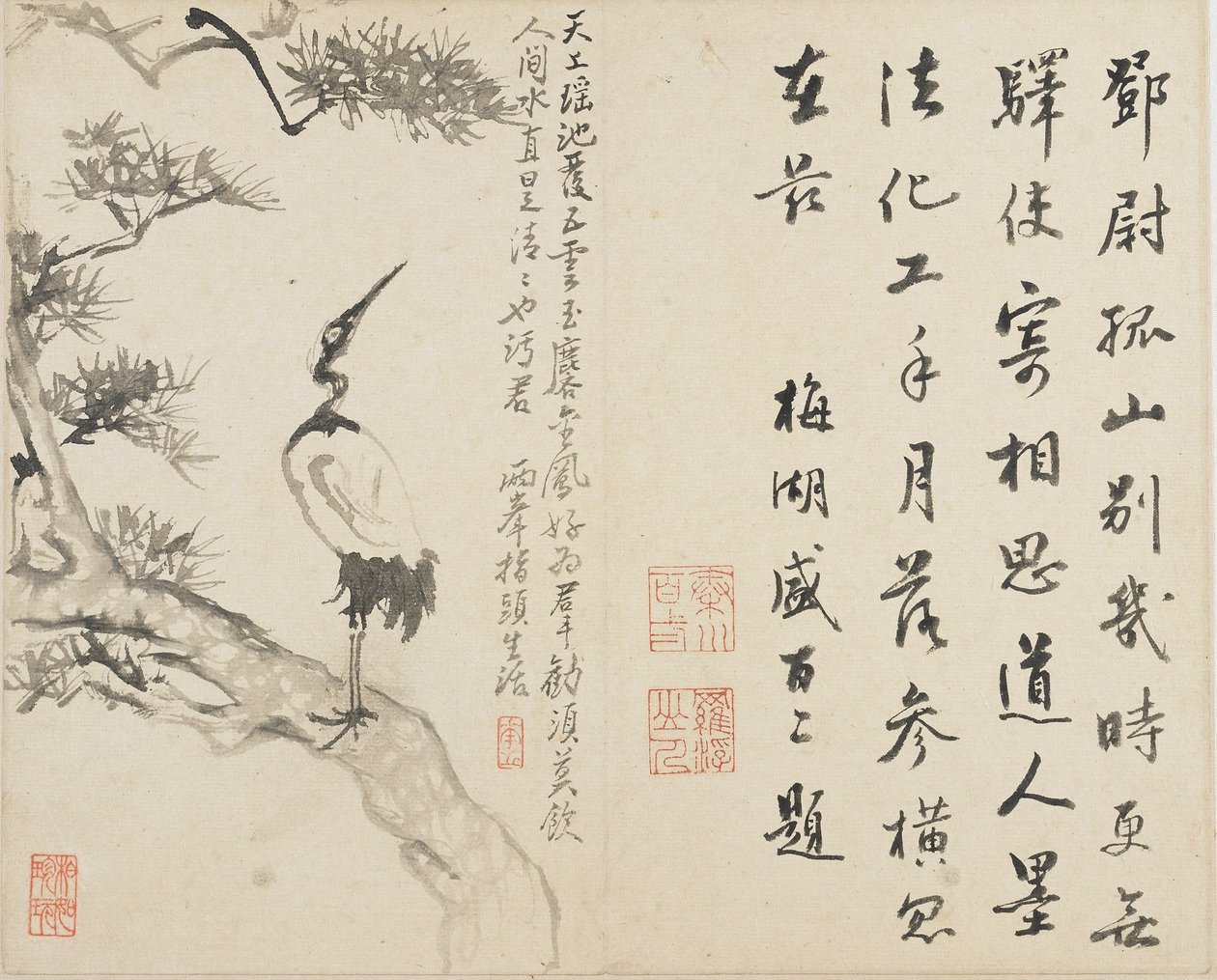 風景、花と鳥：松の鶴、清王朝、1780年（紙にインク） 作： 羅平