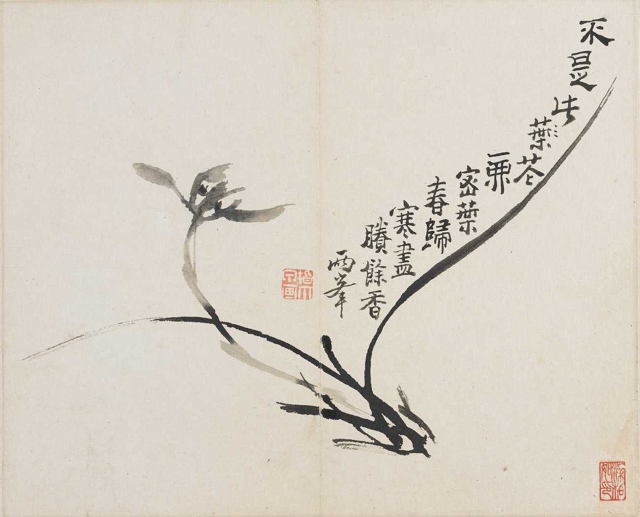 風景、花と鳥：蘭、清王朝、1780年（紙にインク） 作： 羅平