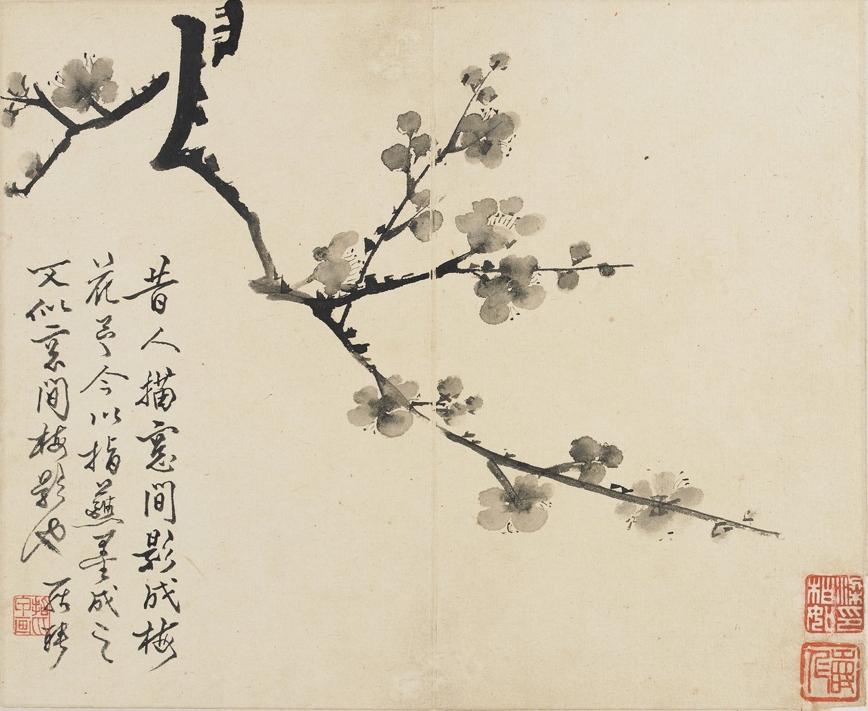風景、花と鳥：梅、清朝、1780年（紙にインク） 作： 羅平