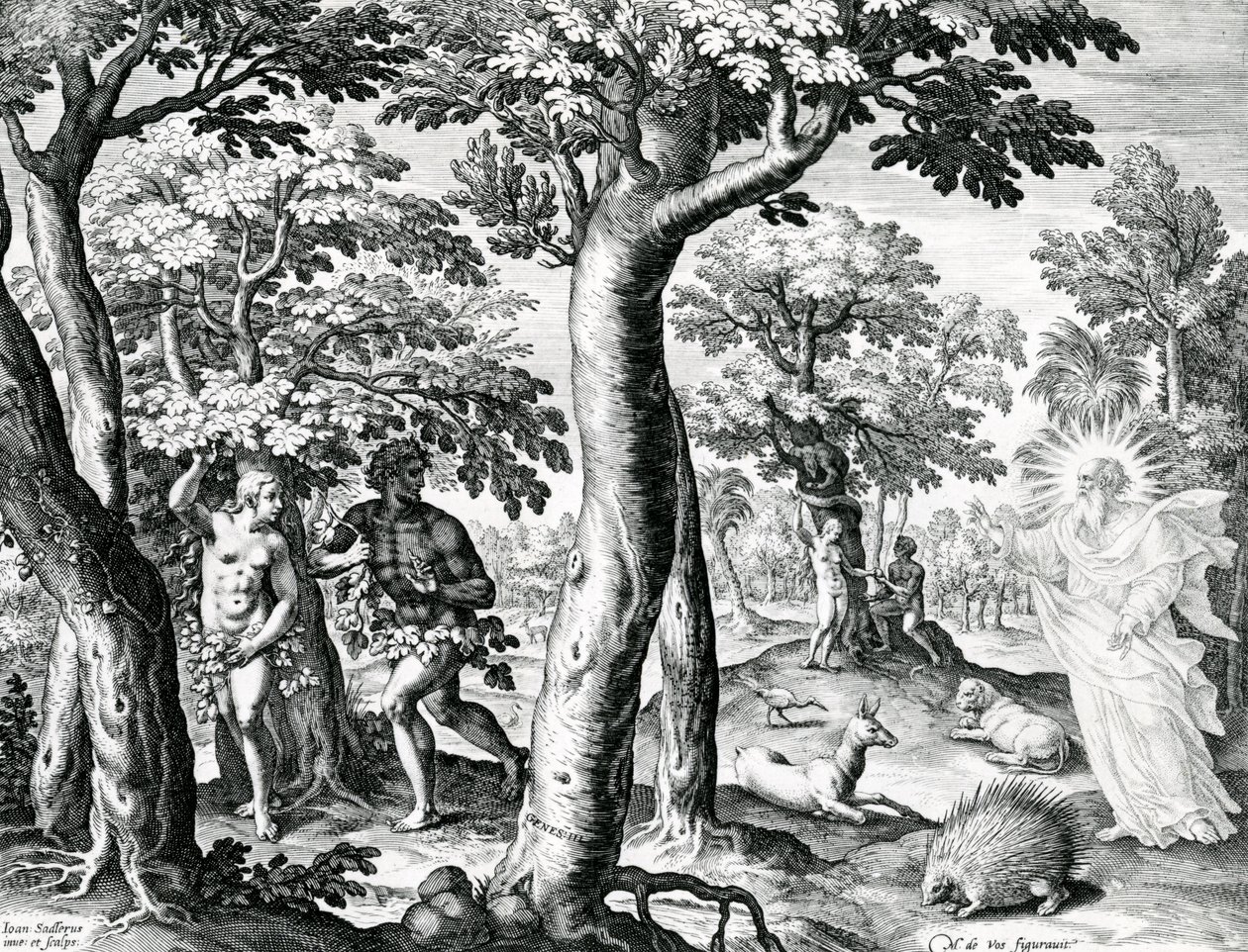 主から隠れているアダムとイブ、「最初の人の物語」のプレート3、ヤンサデラーI世、1583年 作： Maarten de Vos