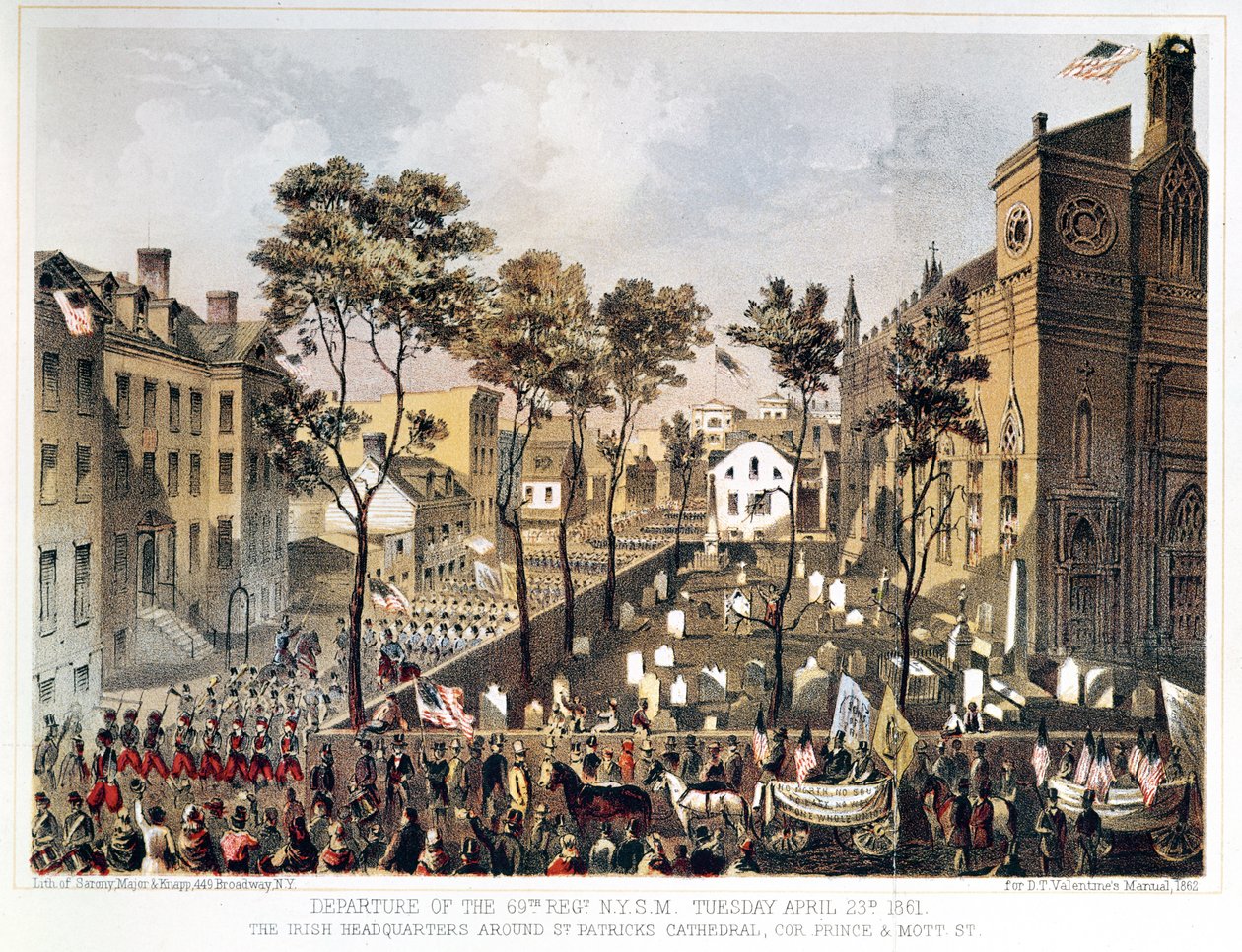 1861年4月23日、ニューヨーク州第69連隊の出発、セントパトリック大聖堂周辺のアイルランド本部、ニューヨークのプリンスアンドモットストリートの角 作： メジャーとナップサロニー
