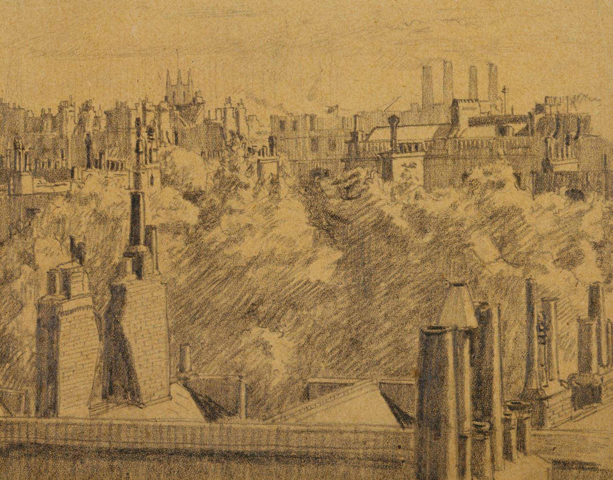 ロンドンの屋根、1914年（紙に描かれたグラファイトがカードに置かれた） 作： マルコム・ドラモンド