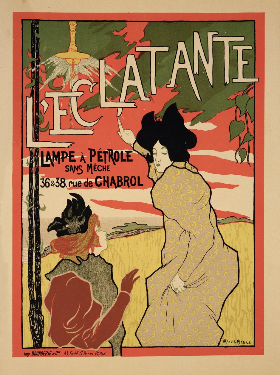 芯のないパラフィンランプ「L&39;Eclatante」のポスターを1895年に複製 作： マヌエル・ロベ