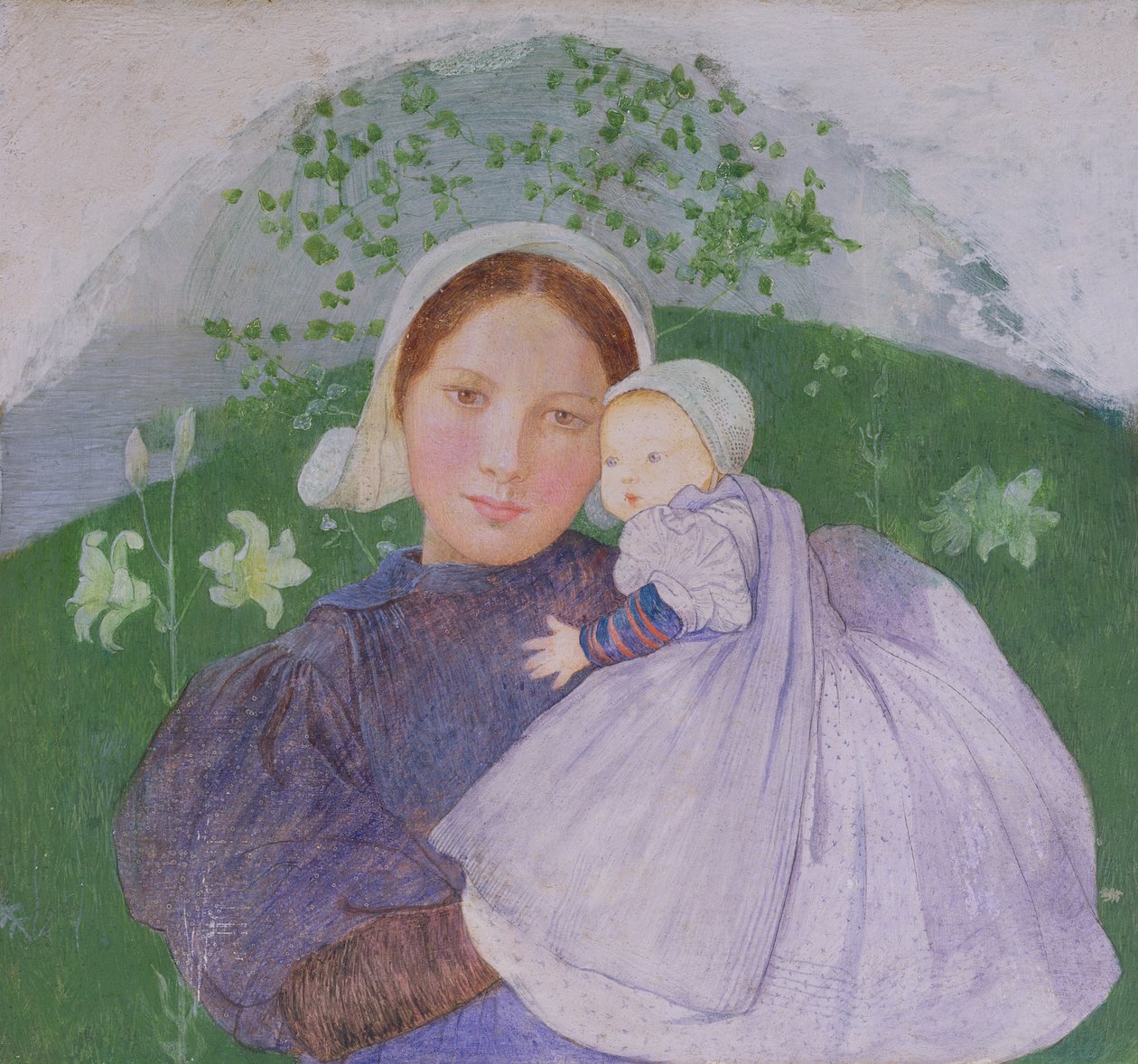 母と子、c.1899（パネル上のテンペラとジェッソ） 作： マリアンヌ・ストークス