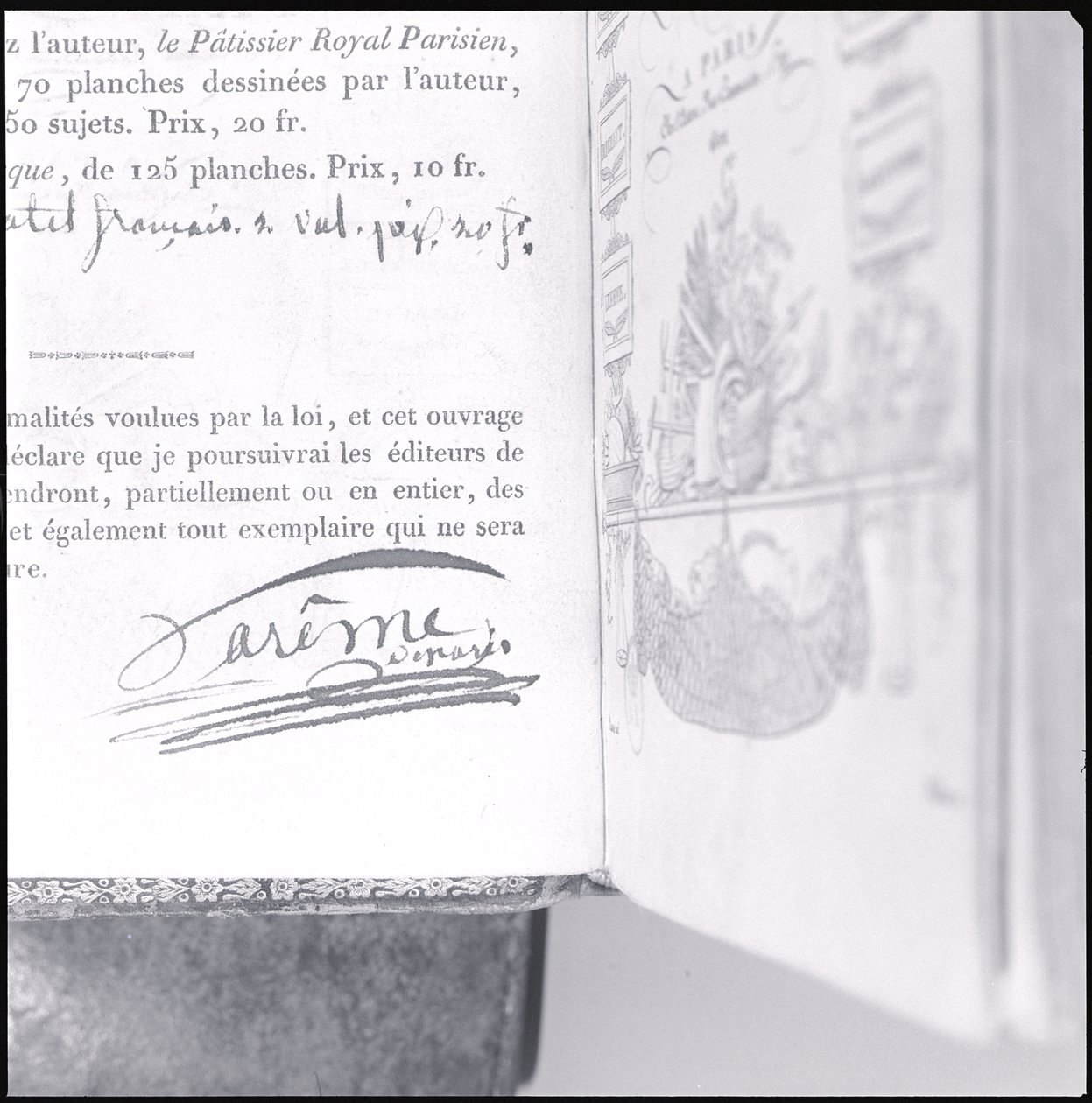 1822年に発行されたCaremeによる「Le Maitre d&39;Hotel francais」からのMarie Antoine Careme（1784-1833）の署名（紙にペンとインク） 作： マリー・アントワーヌ・カレーム