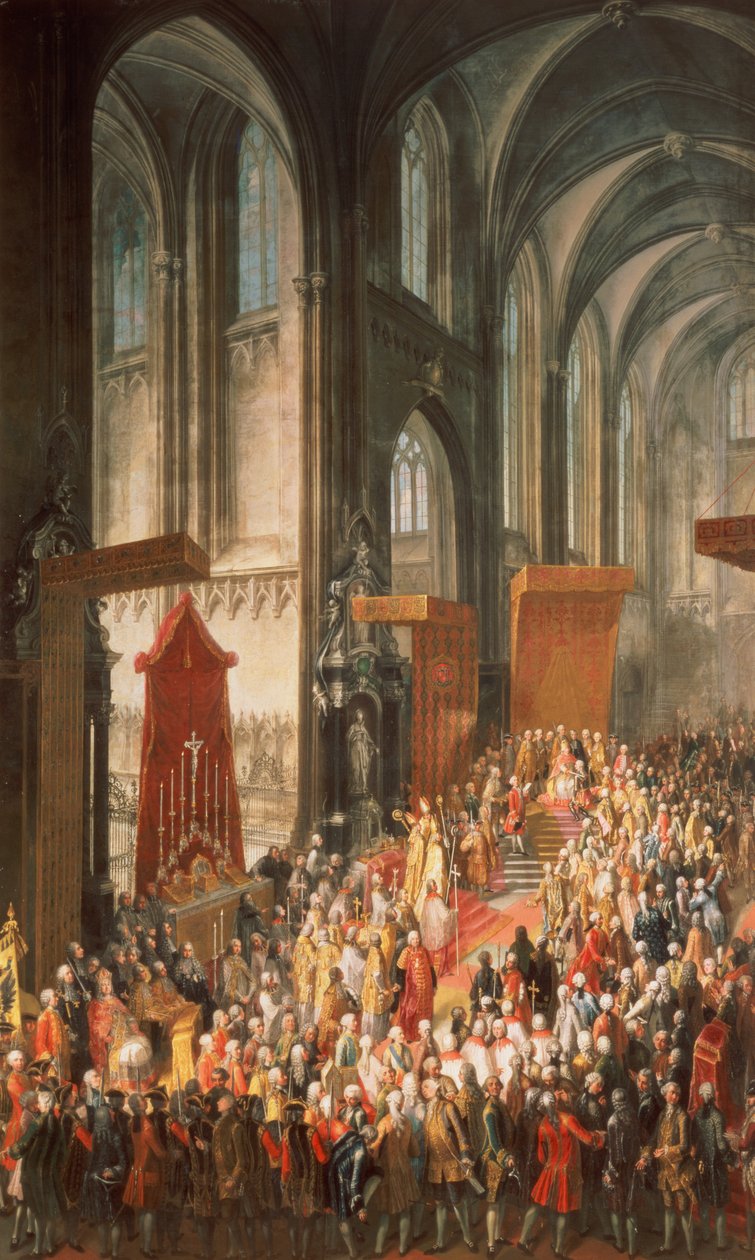 1764年フランクフルト大聖堂でのドイツ皇帝としての戴冠式に続くヨセフ2世（1741-90）の叙任 作： Martin II MytensまたはMeytens