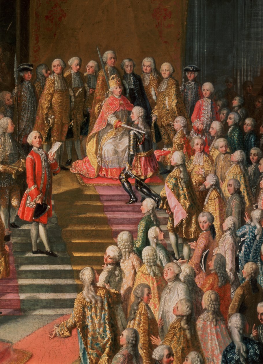 1764年の戴冠式の後、フランクフルト大聖堂でドイツ皇帝ジョセフ2世（1741-90年）の叙任（67401の詳細） 作： Martin II MytensまたはMeytens