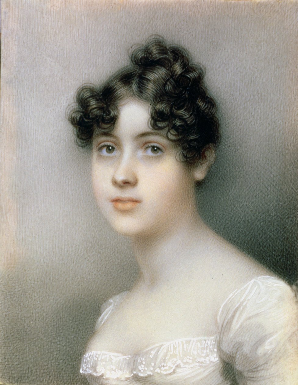 白いドレスを着た少女の肖像ミニチュア、c.1815 作： メアリー・アン・ナイト