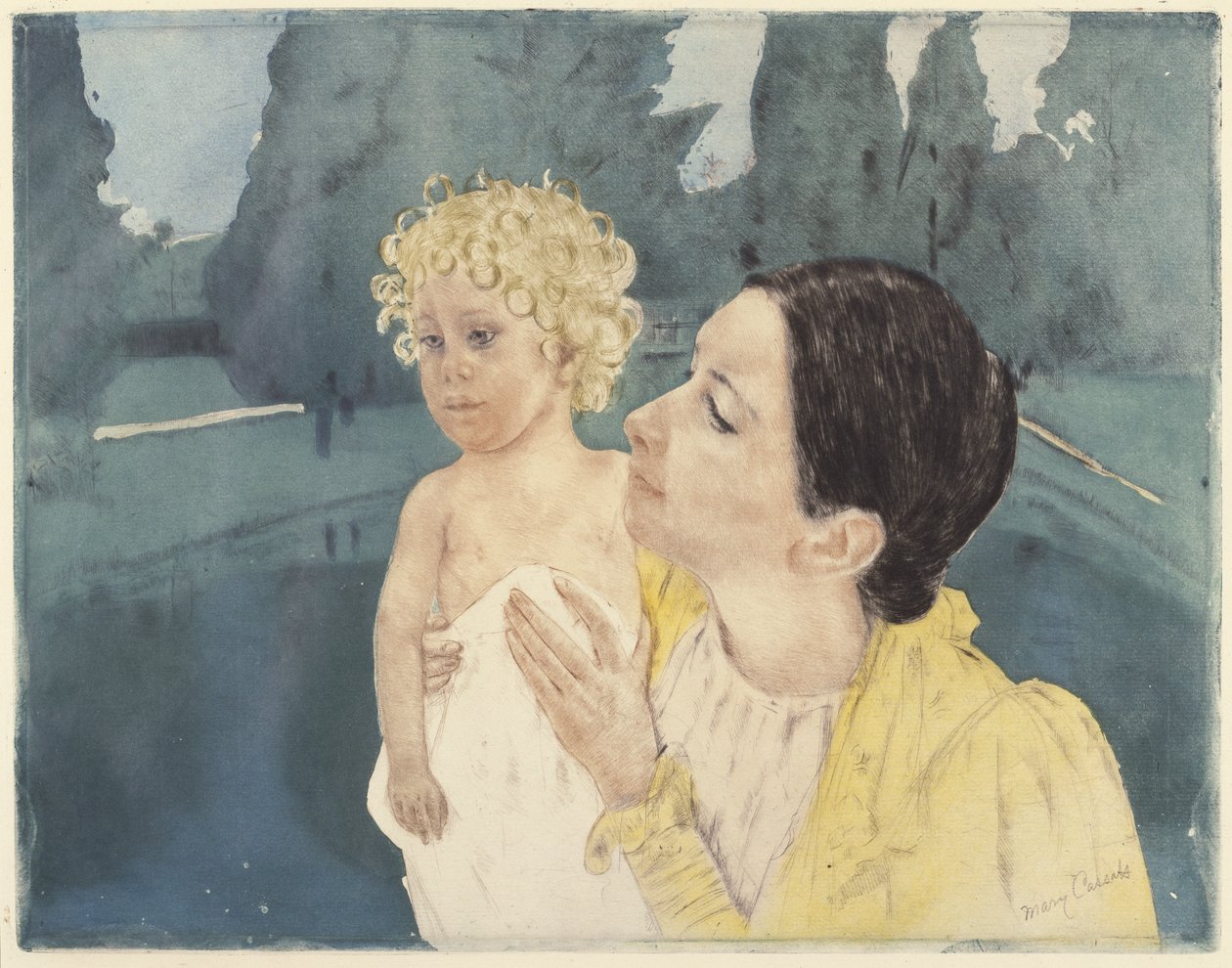 プール前の母と子、1898年（敷設紙にドライポイントとアクアチント） 作： メアリー・カサット