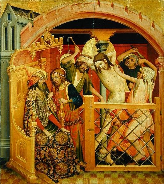 ハンブルクの聖ヨハネ教会の聖トーマス祭壇のキリストの鞭打ち、1424年に始まった（パネルにはテンペラと油彩） 作： マスター・フランケマスター・フランケ