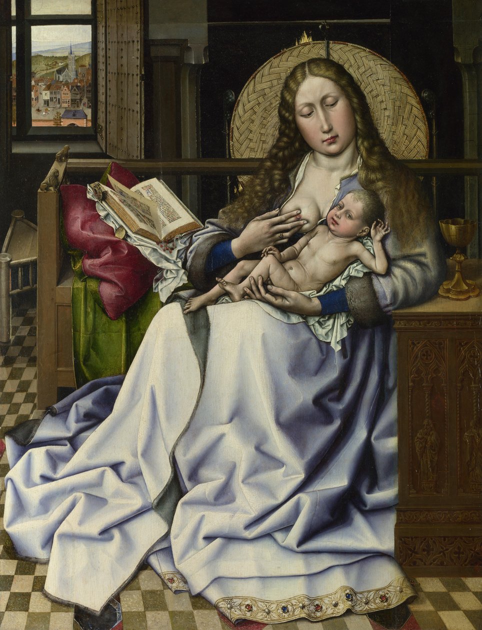 火の前の処女と子供、c.1440（パネル上の油と卵のテンペラ） 作： フレマールの達人