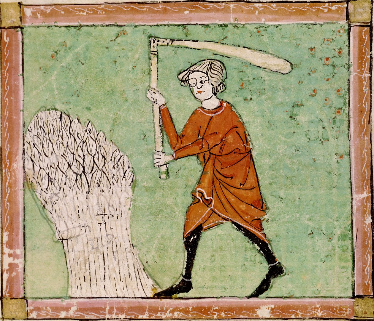 Fol.59r 8月：小麦の脱穀 作： マトフレ・エルメンガウト