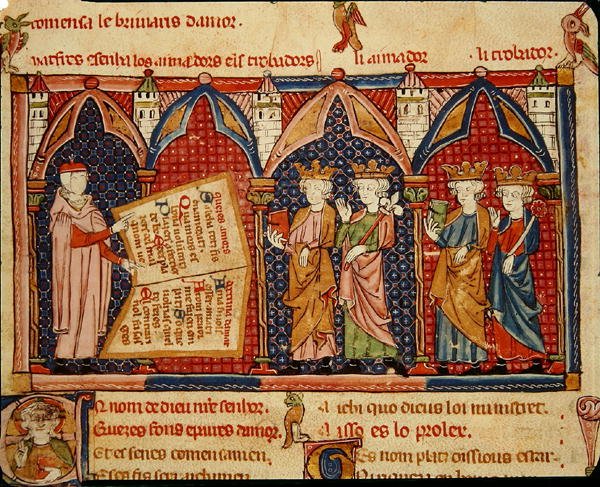 Fol.5vマスターエルメンガウトが本を4人の王に贈る 作： マトフレ・エルメンガウト