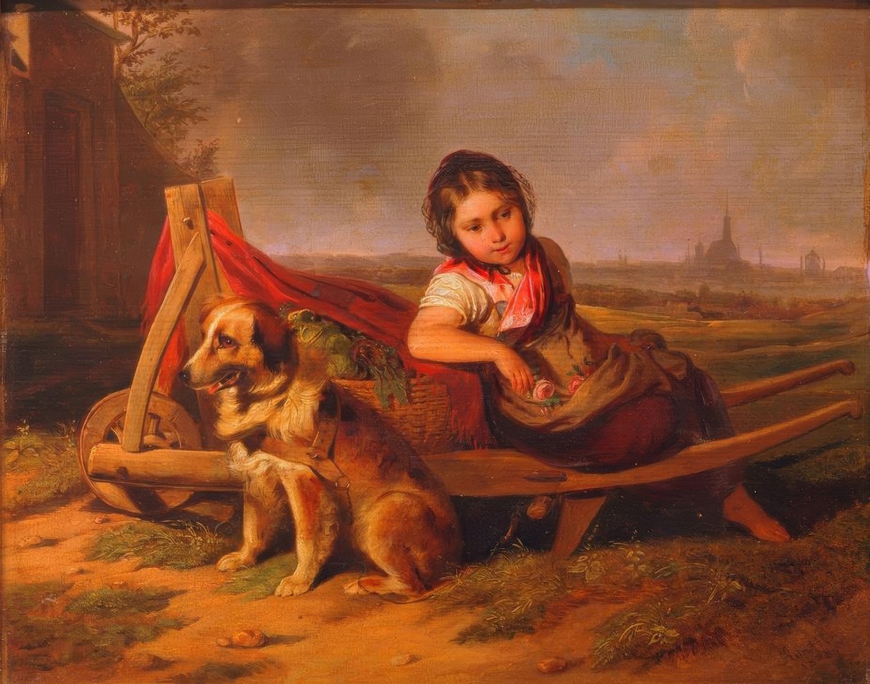 ウィーンの前に犬を持つ少女 作： マティアス・ランフトル